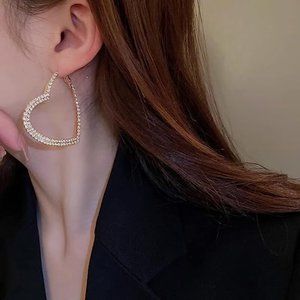 Huge Rhinestone Heart Gold Hoop Earrings CZ Crystal Hearts Pave Glam Hoops New
